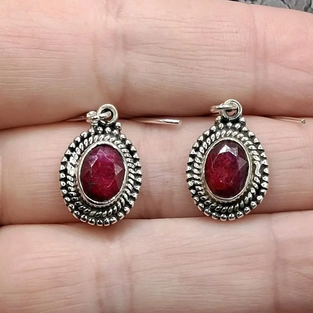 Sterling Silver Ruby Dangle Earrings 925 Bali Style Red Stone 1.25